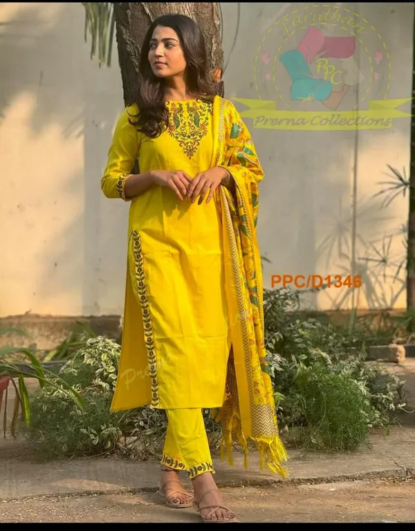 Yellow_Embroidery_Work_Cotton_Kurta_Set__For_Women
