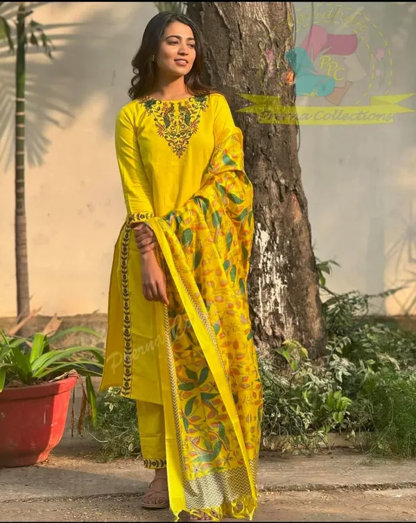 Yellow_Embroidery_Work_Cotton_Kurta_Set__For_Women