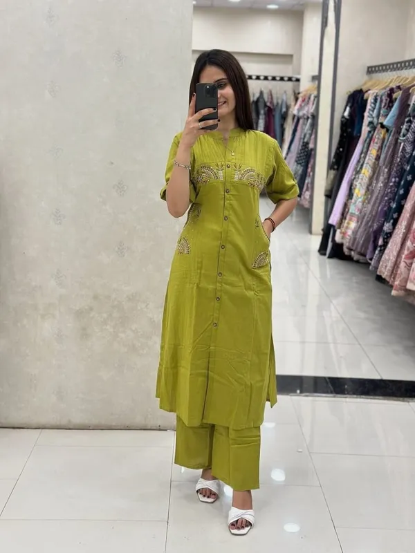 Green_Latest_Embroidery_Cotton_Slub_Kurta_And_Pant_Set_For_Women