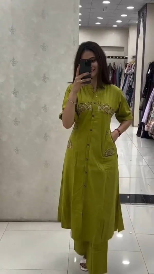 Green_Latest_Embroidery_Cotton_Slub_Kurta_And_Pant_Set_For_Women