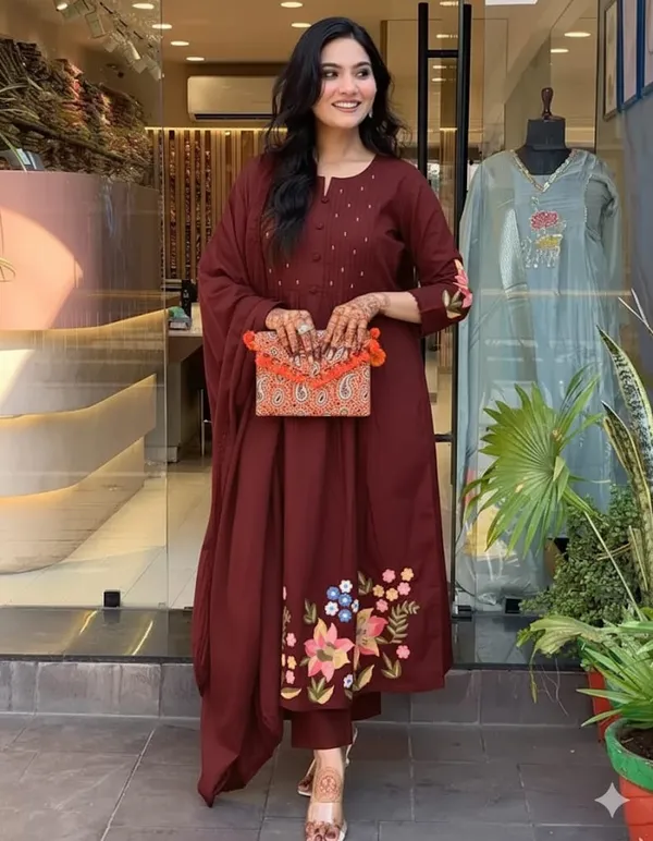 Stylish_cotton_embroidery_work_kurta_pant_with_dupatta_for_Girls_and_Women's