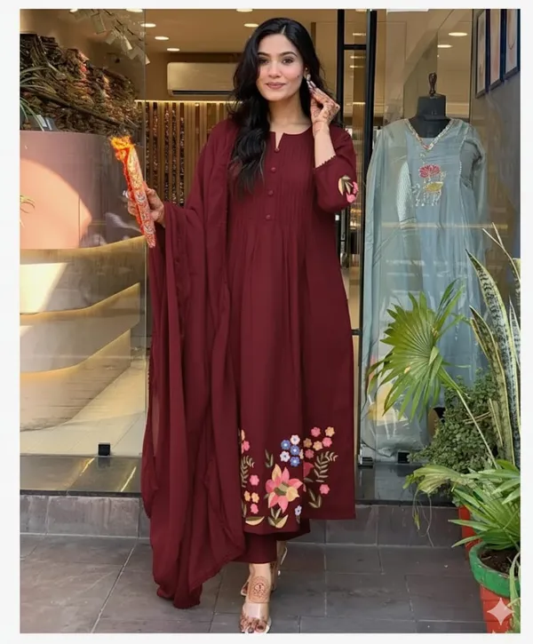 Stylish_cotton_embroidery_work_kurta_pant_with_dupatta_for_Girls_and_Women's