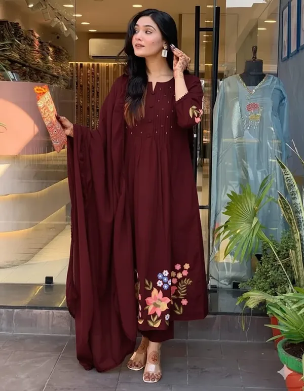 Stylish_cotton_embroidery_work_kurta_pant_with_dupatta_for_Girls_and_Women's