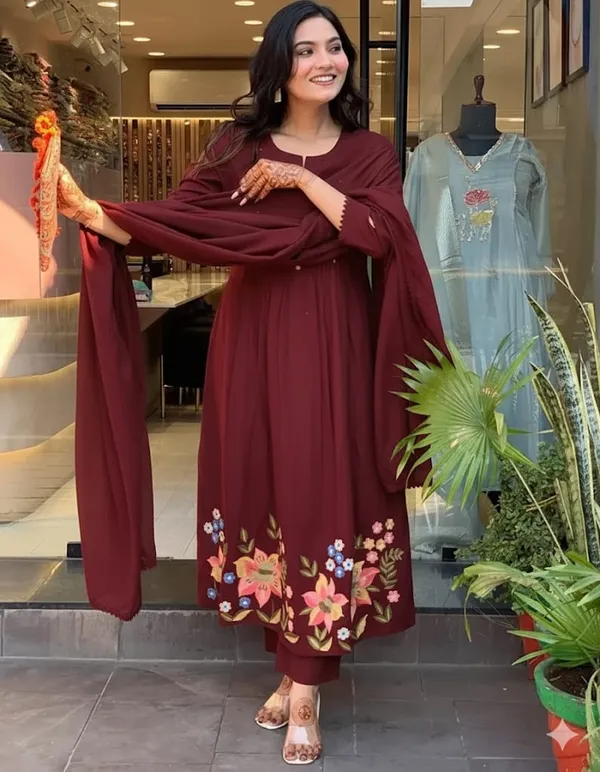 Stylish_cotton_embroidery_work_kurta_pant_with_dupatta_for_Girls_and_Women's