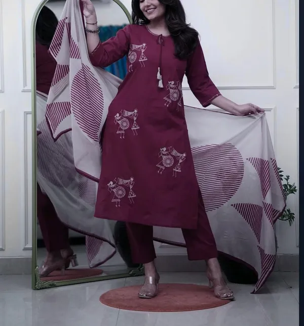 Stylish_cotton_kurta_and_pant_with_dupatta_for_Girls_and_Women's