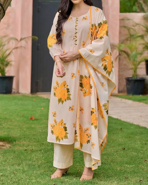 Stylish_cotton_kurti_set_with_beautiful_floral_Dupatta_for_Girls_and_Women's