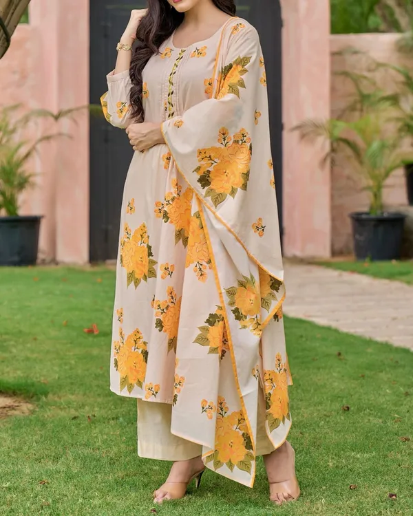Stylish_cotton_kurti_set_with_beautiful_floral_Dupatta_for_Girls_and_Women's