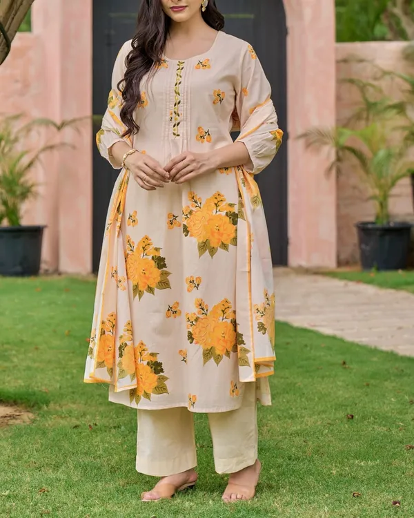 Stylish_cotton_kurti_set_with_beautiful_floral_Dupatta_for_Girls_and_Women's