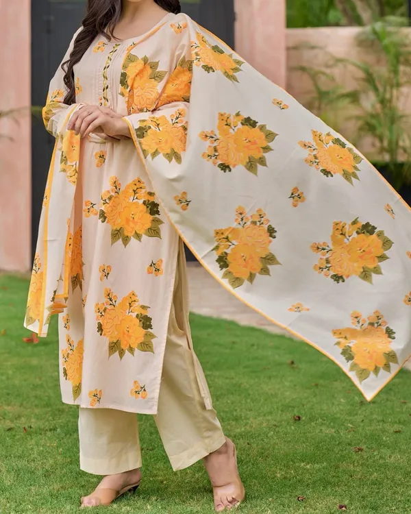 Stylish_cotton_kurti_set_with_beautiful_floral_Dupatta_for_Girls_and_Women's