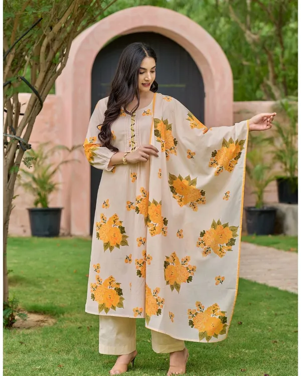 Stylish_cotton_kurti_set_with_beautiful_floral_Dupatta_for_Girls_and_Women's