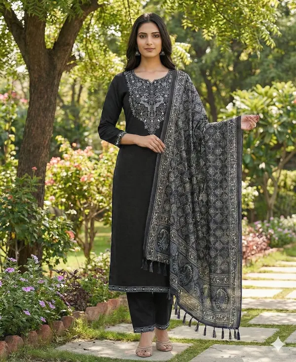 Black_Trendy_Embroidery_Work_Kurti_Pant_And_Dupatta_Set__For_Women