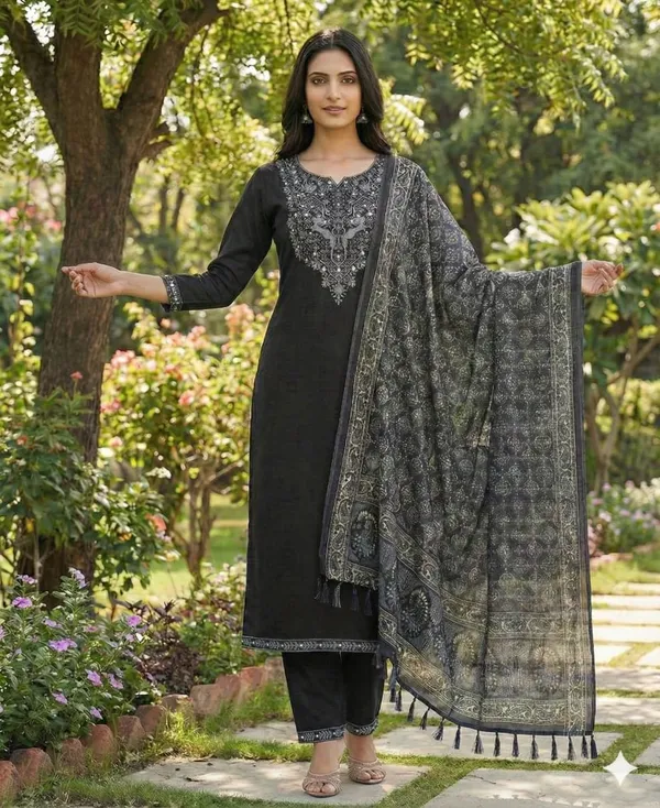 Black_Trendy_Embroidery_Work_Kurti_Pant_And_Dupatta_Set__For_Women