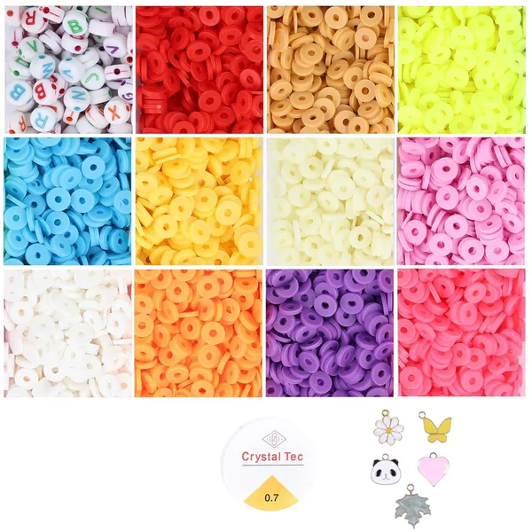 Multicolor_DIY_Jewelry_Making_Kit_-_3700+_Clay_Beads,_Alphabet_Beads,_5_pcs_of_Pendant_Charms,_and_Elastic_Roll_for_Bracelets_&_Necklaces_(Plain_Color)