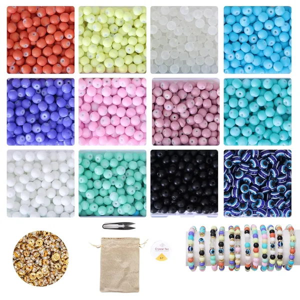 Multicolor_600+_Glass_Beads_DIY_Bracelet_Making_Craft_kit_for_Girls_and_Boys_Includes_11_Colors_of_Glass_Beads,_Evil_Eye_Beads,_Thread_Cutter,_Elastic_Thread,_Jute_Bag_(Matt_Glass_Beads)