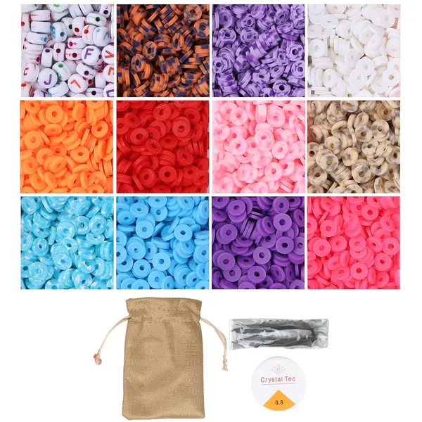Multicolor_DIY_Clay_Beads_for_Craft_Necklace_Bracelet_-_11_Colors,_Alphabet_Beads,_Thread_Cutter,_Elastic_Thread,_Jute_Bag_(5,000_PCS)_(12_Tiger_Plain_Mix)
