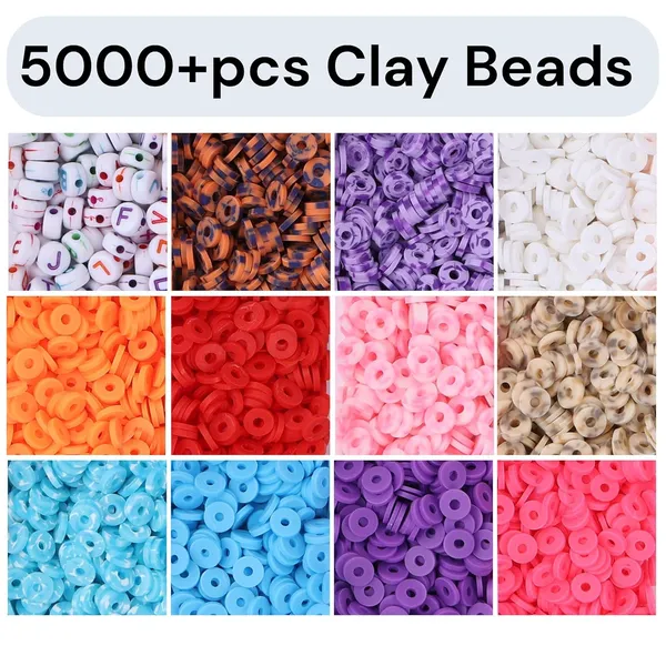 Multicolor_DIY_Clay_Beads_for_Craft_Necklace_Bracelet_-_11_Colors,_Alphabet_Beads,_Thread_Cutter,_Elastic_Thread,_Jute_Bag_(5,000_PCS)_(12_Tiger_Plain_Mix)