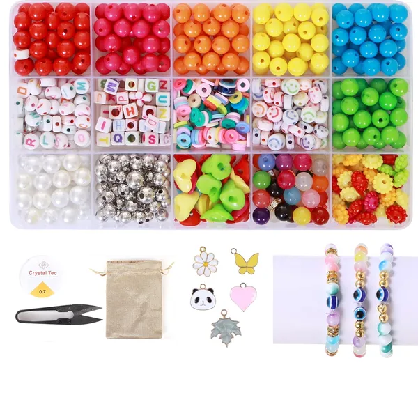 Multicolor_15-Compartment_Bracelet_Making_Kit_for_Girls_&_Kids__400+_Colorful_Beads_Including_Alphabet,_Smiley,_Fruit,_Metallic,_Pearl,_and_Charms__DIY_Jewelry_Craft_Set_with_Cutter,_Elastic_Thread_&_Gift_Bag_birthday_1_2_3_4_5_6_7_8_9_age_years_(8mm_Opaque)