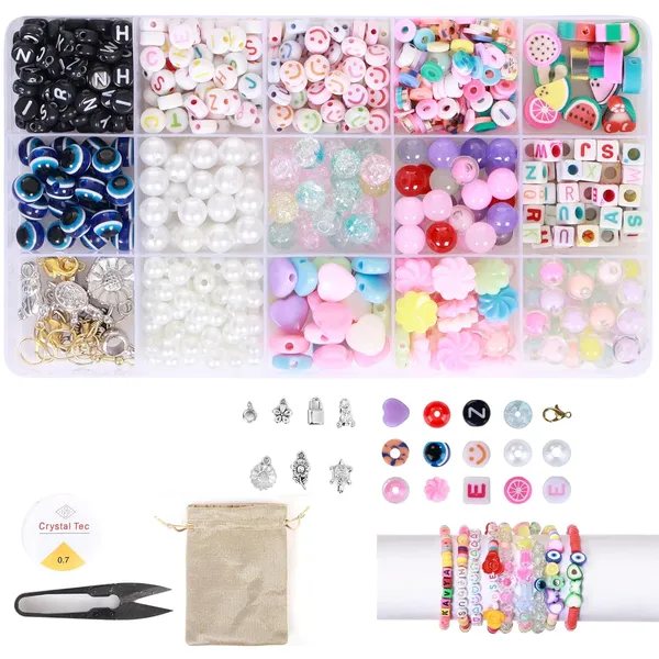 Multicolor_15-Compartment_Bracelet_Making_Kit_for_Girls_&_Kids__400+_Beads_Including_Evil_Eye,_Pearl,_Alphabet,_Smileys,_Hearts,_Charms_&_Tools__DIY_Jewelry_Craft_Set_with_Cutter,_Elastic_Thread_&_Gift_Bag_Birthday_girls_2_3_4_5_6_7_8_9_years_(All_mix)