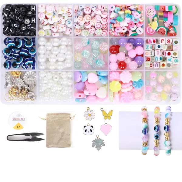Multicolor_Compartment_Bracelet_Making_Kit_for_Girls_&_Kids__400+_Beads_Including_Evil_Eye,_Pearl,_Alphabet,_Smileys,_Hearts,_Charms_&_Tools__DIY_Jewelry_Craft_Set_with_Cutter,_Elastic_Thread_&_Gift_Bag_Birthday_1_2_3_4_5_6_7_8_9_age_years_(All_mix)