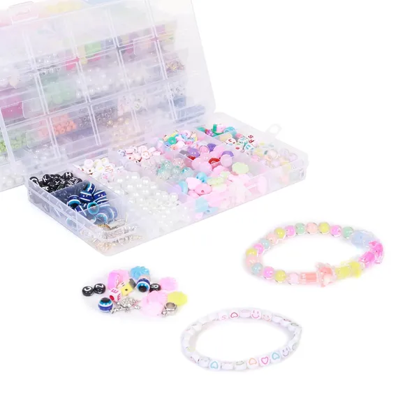 Multicolor_Compartment_Bracelet_Making_Kit_for_Girls_&_Kids__400+_Beads_Including_Evil_Eye,_Pearl,_Alphabet,_Smileys,_Hearts,_Charms_&_Tools__DIY_Jewelry_Craft_Set_with_Cutter,_Elastic_Thread_&_Gift_Bag_Birthday_1_2_3_4_5_6_7_8_9_age_years_(All_mix)