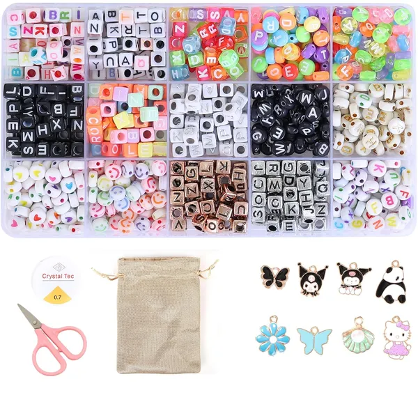 Multicolor_DIY_Jewellery_Making_Kit_for_Kids_&_Girls__15-Compartment_900+pcs_Alphabet_Beads_Box_with_Smiley_&_Heart_Beads,_8_Charms,_Elastic_Thread,_Scissors,_Jute_Bag,_Jump_Rings,_Lobster_Clasps_&_Earring_Hooks_|_Bracelet_&_Necklace_Making_Set_Birthday_1_2_3_4_5_6_7_8_9_age_years_(Alhpabet_kit)