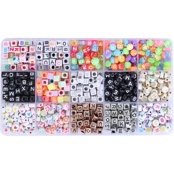 Multicolor_DIY_Jewellery_Making_Kit_for_Kids_&_Girls__15-Compartment_900+pcs_Alphabet_Beads_Box_with_Smiley_&_Heart_Beads,_8_Charms,_Elastic_Thread,_Scissors,_Jute_Bag,_Jump_Rings,_Lobster_Clasps_&_Earring_Hooks_|_Bracelet_&_Necklace_Making_Set_Birthday_1_2_3_4_5_6_7_8_9_age_years_(Alhpabet_kit)