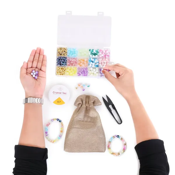 Multicolor_15-Compartment_Bracelet_Making_Kit_for_Girls_&_Kids__400+_Glossy_Round_Beads_with_Evil_Eye,_Metallic,_Gradient_Colors_&_Charms__DIY_Jewelry_Kit_with_Elastic_Thread,_Cutter_&_Gift_Pouch_Birthday_1_2_3_4_5_6_7_8_9_age_years_(Half_jelly_Milky)