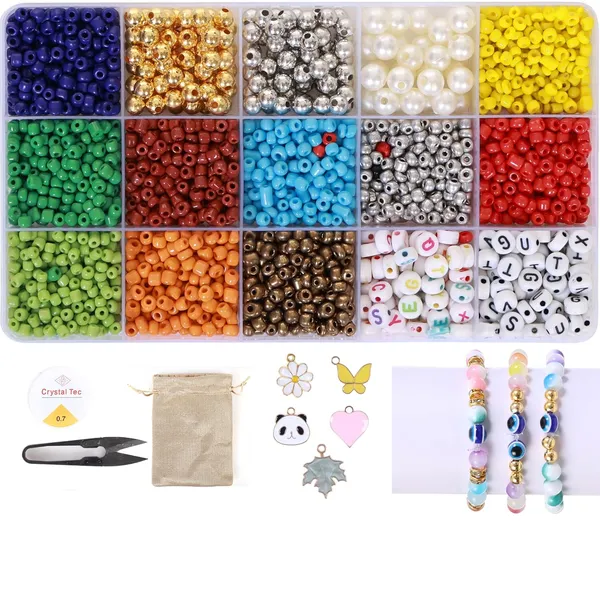 Multicolor_15-Compartment_Bracelet_Making_Kit_with_6/0_Seed_Beads__1400+_Colorful_Including_Metallic,_Pearl,_Alphabet_&_Charms__DIY_Jewelry_Making_Set_for_Kids_with_Elastic_Thread,_Cutter_&_Pouch_Birthday_1_2_3_4_5_6_7_8_9_age_years_(Seed_Beads)