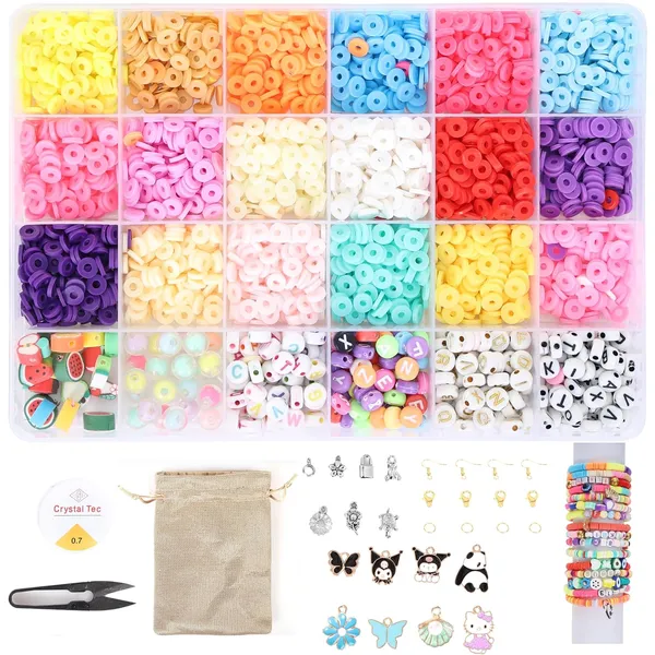 Gold_DIY_Bracelet_Making_Kit__4200+_Clay_Beads_in_18_Colors_with_4_Types_of_Alphabet_,_Colorful_Double_Beads_&_Fruit_Rubber__24-Compartment_Organizer_Box__Includes_Elastic_Thread,_Cutter,_Jute_Bag,_8_Gold_Charms_&_Jewelry_Accessories__Jewelry_Making_Kit_for_Girls_&_Boys