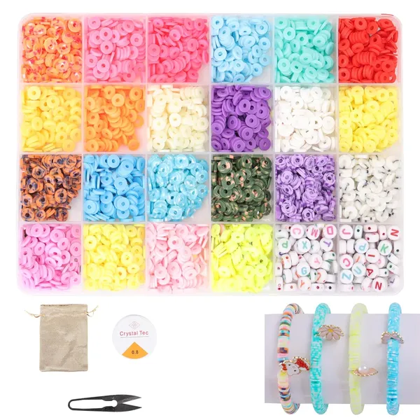 Multicolor_Diy_Bracelet_Making_Kit_-_6000+_Pcs_24_Colorful_Clay_Beads,_10M_Elastic_Thread,_Jute_Bag,_And_Cutter_-_Gift_For_Girls_Birthdays_(Clay_Beads_1),