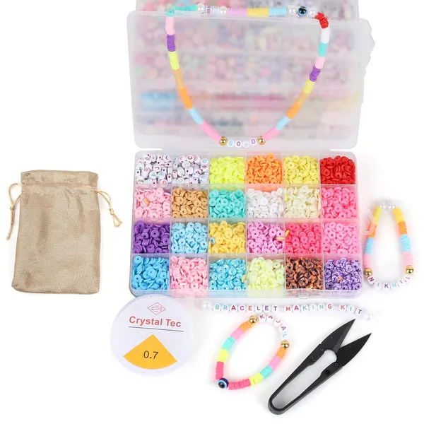 Multicolor_Diy_Bracelet_Making_Kit_-_6000+_Pcs_24_Colorful_Clay_Beads,_10M_Elastic_Thread,_Jute_Bag,_And_Cutter_-_Gift_For_Girls_Birthdays_(Clay_Beads_1),