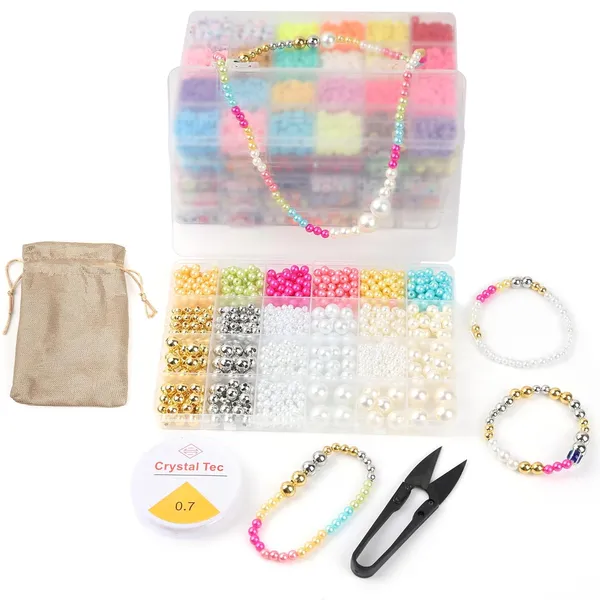 Multicolor_DIY_Bracelet_Making_Kit_-_24_Colorful_Beads,_10m_Elastic_Thread,_Jute_Bag,_and_Cutter_-_Gift_for_Girls_Birthdays_(Pearl_Beads)