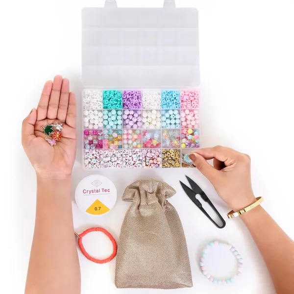 Multicolor_All-in-One_Bracelet_Making_Kit_for_Girls__24_Grid_Jewelry_Set_with_1000+_Beads,_Alphabet_Letters,_Charms,_Jump_Rings,_Tools_&_2_Elastic_Rolls__DIY_Jewellery_Craft_Kit_for_Kids_Age_612(Clay_With_8mm)