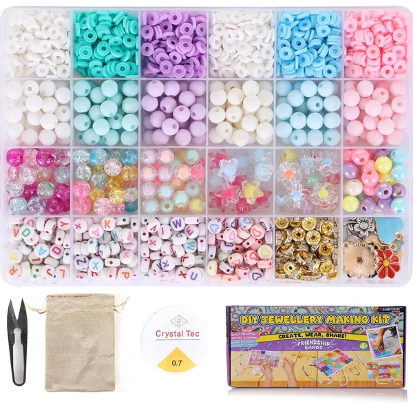 Multicolor_All-in-One_Bracelet_Making_Kit_for_Girls__24_Grid_Jewelry_Set_with_1000+_Beads,_Alphabet_Letters,_Charms,_Jump_Rings,_Tools_&_2_Elastic_Rolls__DIY_Jewellery_Craft_Kit_for_Kids_Age_612(Clay_With_8mm)