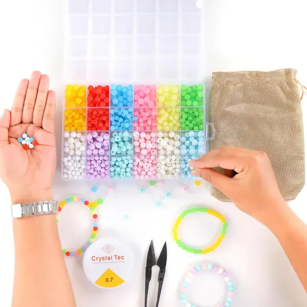 Multicolor_DIY_Bracelet_Making_Kit_-_24_Colorful_Beads,_10m_Elastic_Thread,_Jute_Bag,_and_Cutter_-_Gift_for_Girls_Birthdays_(Matt_Beads)