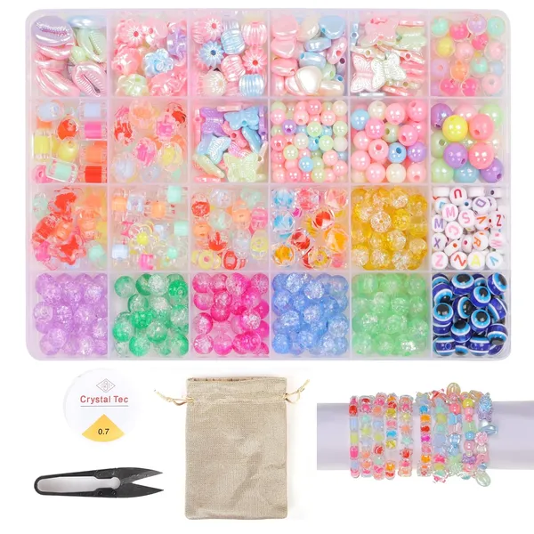 Multicolor_DIY_Bracelet_Making_Kit_-_24_Colorful_Beads,_10m_Elastic_Thread,_Jute_Bag,_and_Cutter_-_Gift_for_Girls_Birthdays_(Double_Beads_)