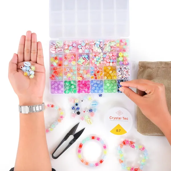 Multicolor_DIY_Bracelet_Making_Kit_-_24_Colorful_Beads,_10m_Elastic_Thread,_Jute_Bag,_and_Cutter_-_Gift_for_Girls_Birthdays_(Double_Beads_)
