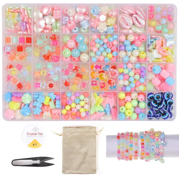 Multicolor_DIY_Bracelet_Making_Kit_-_24_Colorful_Beads,_10m_Elastic_Thread,_Jute_Bag,_and_Cutter_-_Gift_for_Girls_Birthdays_(Double_Beads__3)