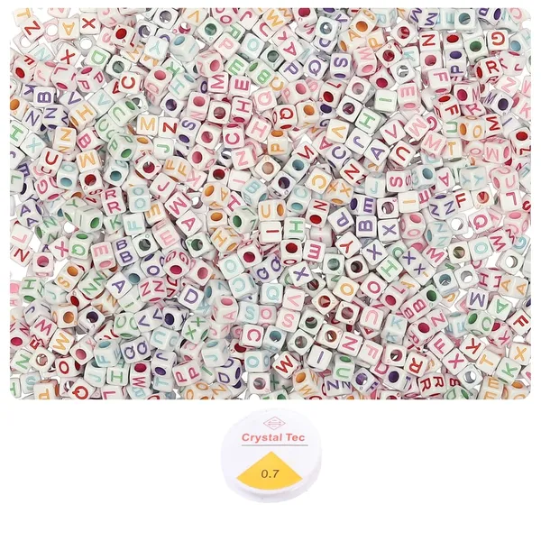 White_300+_Cube_Alphabet_Letter_Colorfull_Beads_for_Bracelet_Jewellery_Making_with_10m_Elastic_Thread_(0.8mm)_|_Round,_Cube_and_Heart_Shape_(Cube_White_Colorfull)
