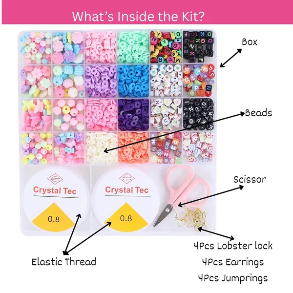 Ambitieux_Bracelet_Making_Kit_for_Girls_|_DIY_Jewellery_Craft_Set_with_24_Types_of_Beads,_Elastic_Rolls_&_Scissors_|_Creative_Art_&_Craft_Gift_Toy_for_Kids_Girls_Age_4â€“12_Years_(Clay_multicolor_alphabet)