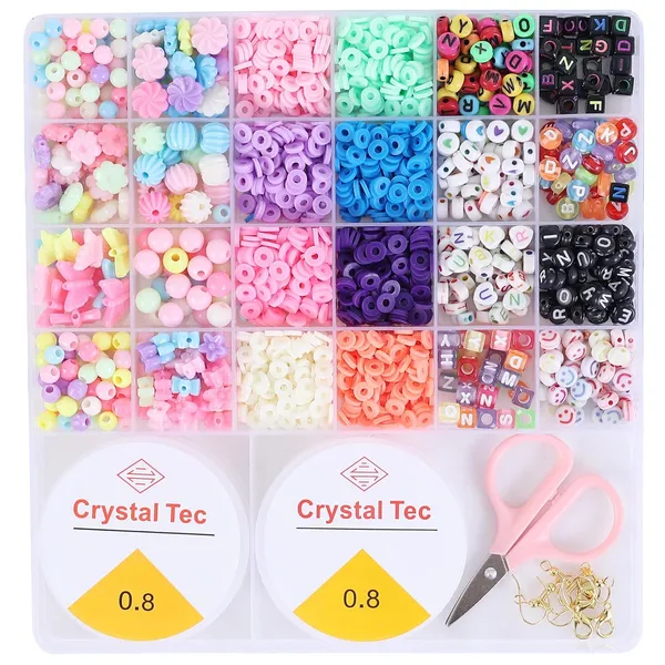 Ambitieux_Bracelet_Making_Kit_for_Girls_|_DIY_Jewellery_Craft_Set_with_24_Types_of_Beads,_Elastic_Rolls_&_Scissors_|_Creative_Art_&_Craft_Gift_Toy_for_Kids_Girls_Age_4â€“12_Years_(Clay_multicolor_alphabet)