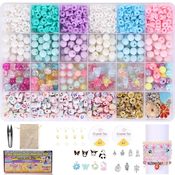 Multicolor_Children_All-in-One_Bracelet_Making_Kit__24_Grid_Jewelry_Set_with_1000+_Beads,_Alphabet_Letters,_Charms,_Jump_Rings,_Tools_&_2_Elastic_Rolls__DIY_Jewellery_Craft_Kit_for_Kids_Age_612-_Birthday_Gift_for_Girls_4_5_6_7_Years_(Clay_With_8mm_matt)