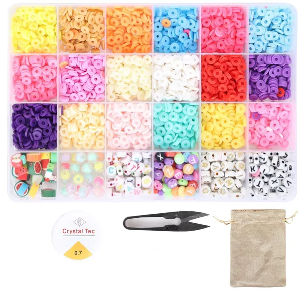 Multicolor_DIY_Bracelet_Making_Kit_-_24_Colorful_Beads,_10m_Elastic_Thread,_Jute_Bag,_and_Cutter_-_Gift_for_Girls_Birthdays_(Clay_Beads_3)