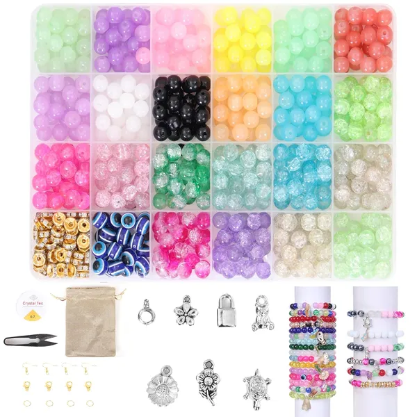 Multicolor_DIY_Bracelet_Making_Kit_300+_Glass_Beads_(8Mm)_With_Evil_Eye,Gold_&_Silver_Rings,Metallic_Beads_24-Compartment_Organizer_Box_For_Girls_&_Boys_(Crackle_And_jelly_silver_charms_box)