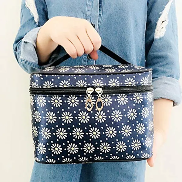 Navy_Blue_Flower_Waterproof_Polyester_Travel_Bag