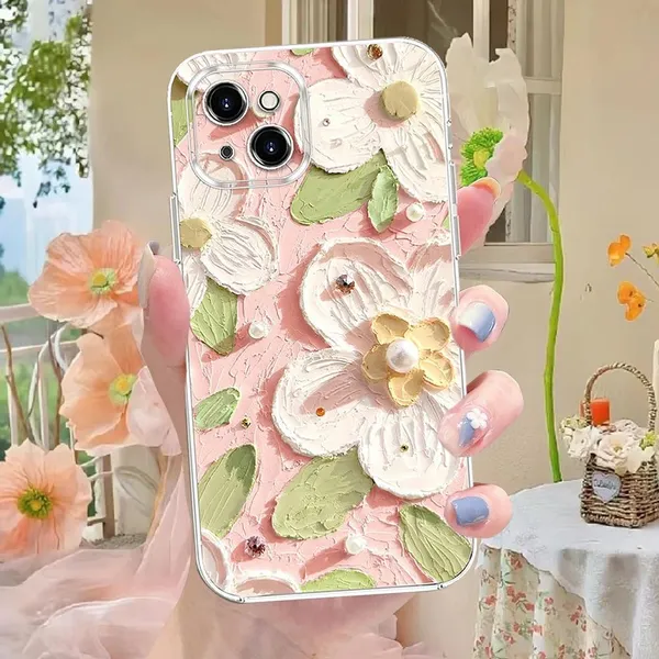 Pink_Retro_Oil_Paint_Flower_Design_Case_Thermoplastic_Polyurethane_For_Iphone_13
