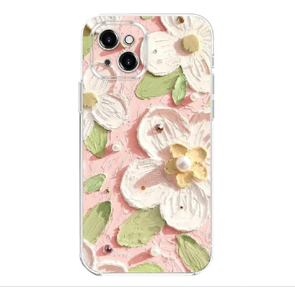 Pink_Retro_Oil_Paint_Flower_Design_Case_Thermoplastic_Polyurethane_For_Iphone_13