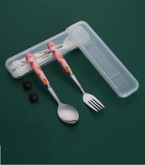 2_Pack_Pink_Cartoon_Rabbit_Cutlery_Set_For_Children