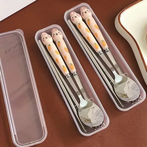 2_Pack_Pink_Cartoon_Rabbit_Cutlery_Set_For_Children
