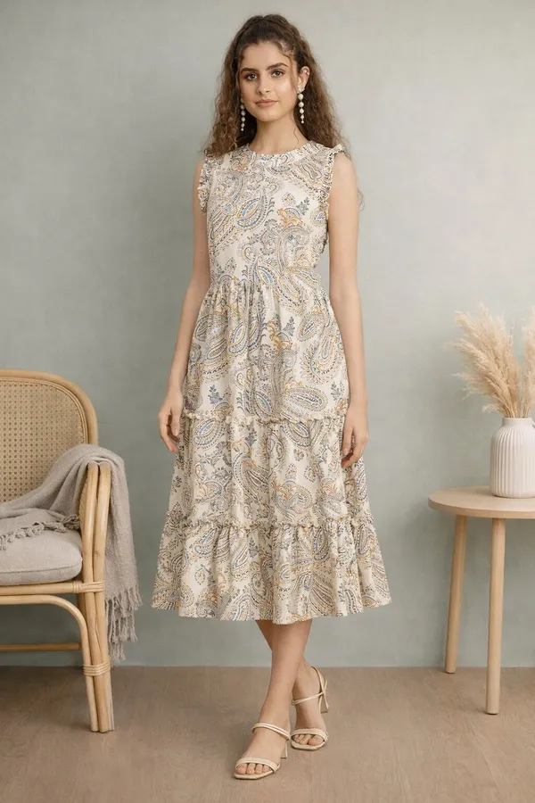 Beige_Paisley_Tiered_Midi_Dress